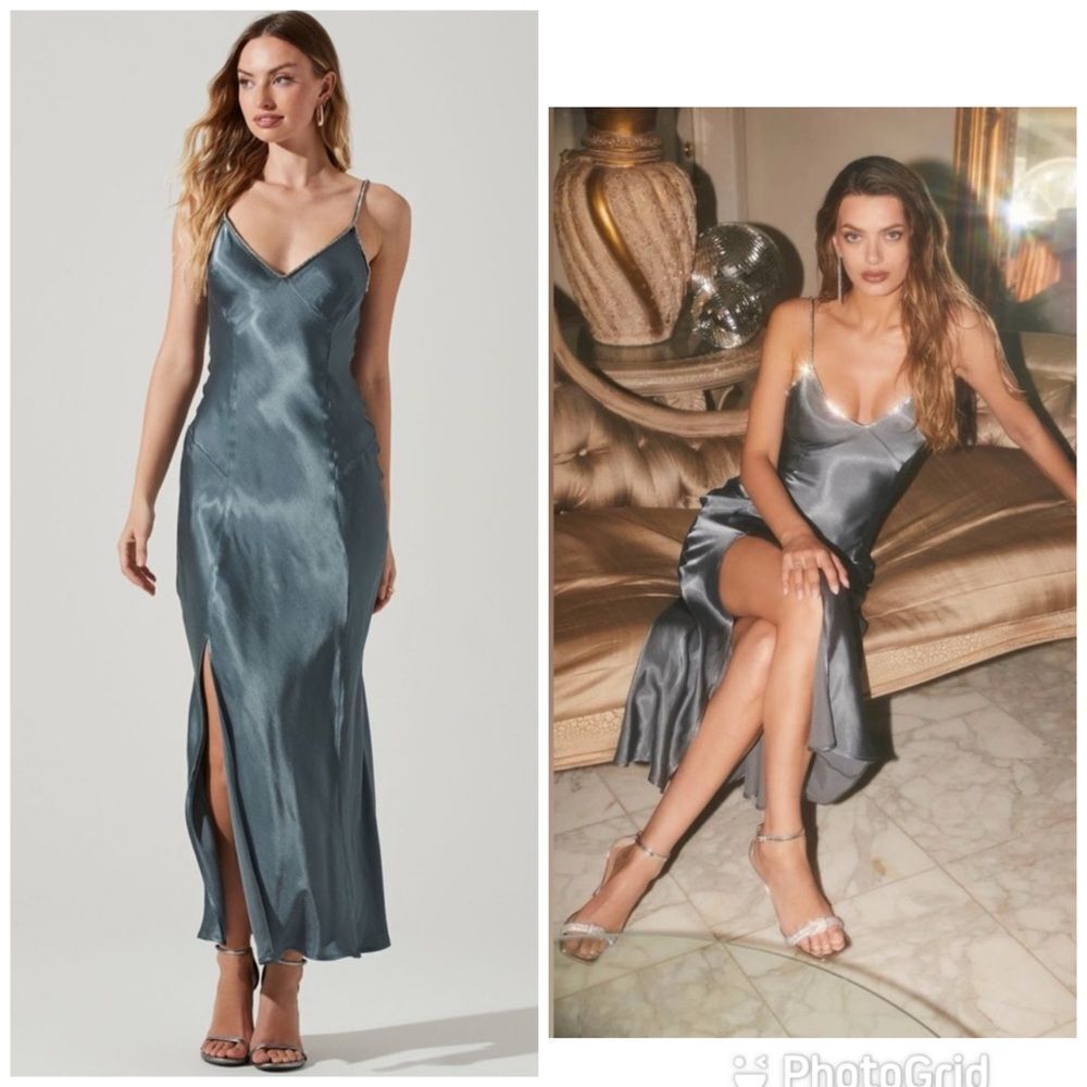 NEW ASTR Kathleen Rhinestone Trim Satin Midi Dress Slate Blue Size Large
